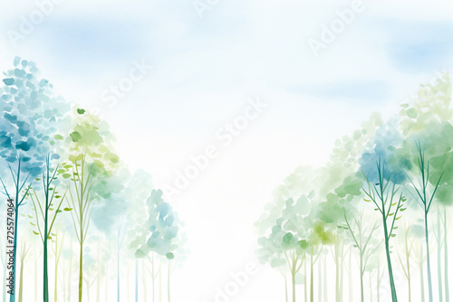 The tranquil blue sky peaking through the tall trees of a dense forest   cartoon drawing  water color style