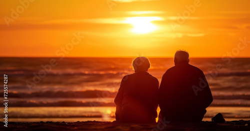 An elderly couple is enjoying the sunset on the beach. A magnificent sea and sunset view.