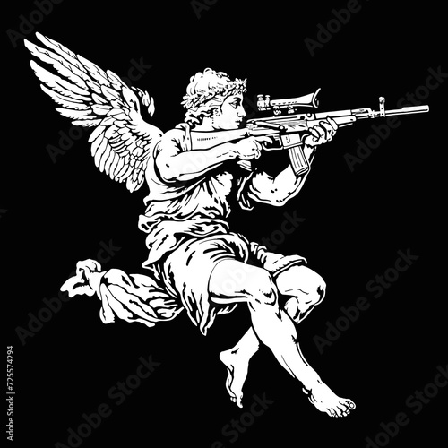 The angel of love Cupid with a Kalashnikov assault rifle in his hands. Angel takes aim from a machine gun. Vector illustration in antique fresco style