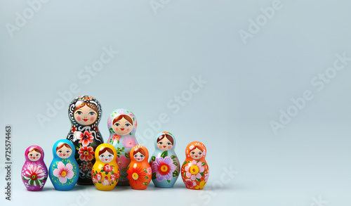 traditional matryoshka nesting dolls large family isolated on plain blue studio background with empty text space photo