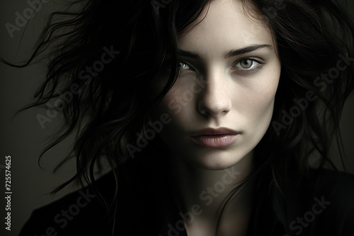 Serious Beauty: A Portrait of a Pretty, Attractive and Stylish Young Woman with Dark Hair and Perfect Makeup on a White Background