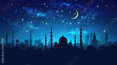 A beautiful silhouette of a mosque and Mesmerizing night view of a mosque under starry sky and bright moon. Perfect for Ramadan, Eid, or Islamic religious themed designs.