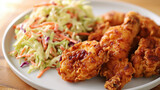 Fried chicken with coleslaw salad on a white plate