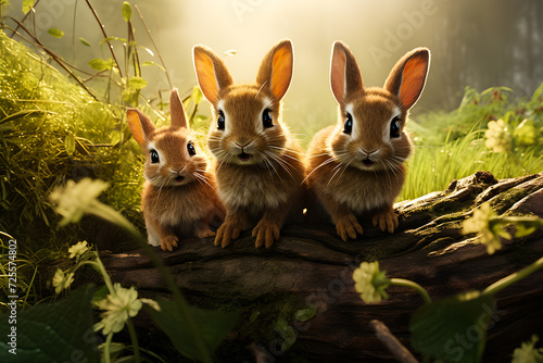 3D illustration of cute cartoon rabbits looking up, generated ai