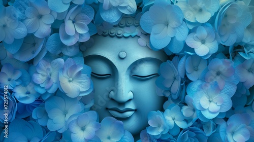 Close-up of a serene Buddha statue face surrounded by a sea of delicate blue hydrangea flowers.