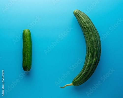 Two cucumbers on blue background. Minimal concept. photo