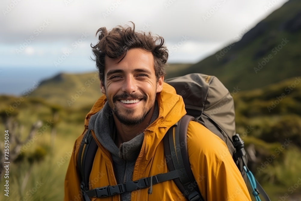 Portrait of a happy young man hiking in the mountains with backpack