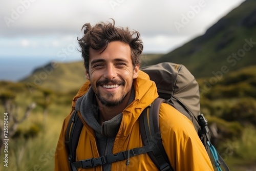 Portrait of a happy young man hiking in the mountains with backpack