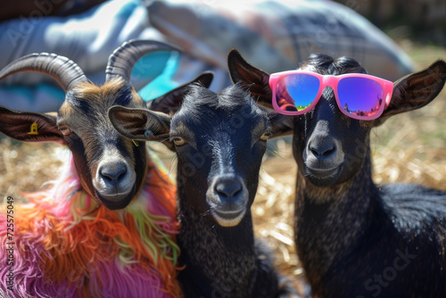 Portrait of funny goats in a sunglasses. Abstract of fashion style sheepss wearing sunglasses portrait. sheep fur multi colored colorful on skin body and hairs paint. Cartoon colorful goats photo