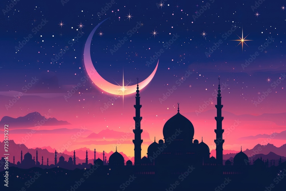 A beautiful silhouette of a mosque and Mesmerizing night view of a mosque under starry sky and bright moon. Perfect for Ramadan, Eid, or Islamic religious themed designs. A beautiful silhouette of a mosque and Mesmerizing night view of a mosque under starry sky and bright moon. Perfect for Ramadan, Eid, or Islamic religious themed designs.