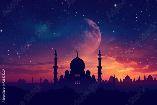 A beautiful silhouette of a mosque and Mesmerizing night view of a mosque under starry sky and bright moon. Perfect for Ramadan, Eid, or Islamic religious themed designs.