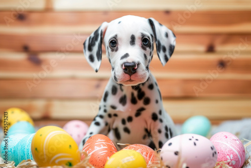 A funny little Dalmatian puppy on painted Easter eggs
