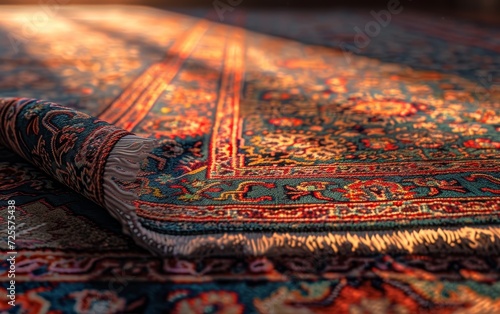 Sunlight casting shadows on a detailed, colorful oriental rug, highlighting its intricate design.