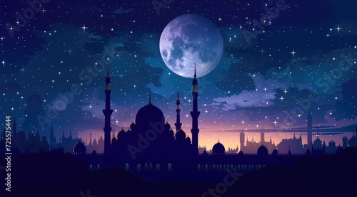 A beautiful silhouette of a mosque and Mesmerizing night view of a mosque under starry sky and bright moon. Perfect for Ramadan  Eid  or Islamic religious themed designs.