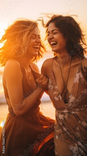 Close-up of a laughing joyful lesbian couple having fun on a summer vacation on the beach at sunset. Happy moments together, love and youth, Positive emotions, facial expressions concepts.