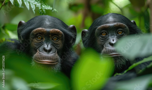 Two playful baby Chimpanzees sitting side by side.