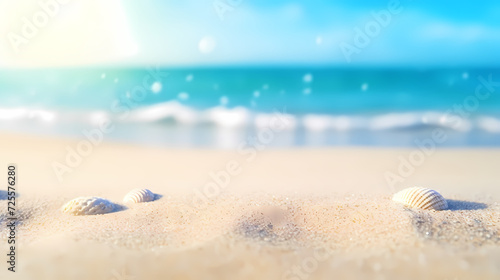 Sandy beach with light blue transparent water waves and sunlight, tranquil aerial beach scene © liang