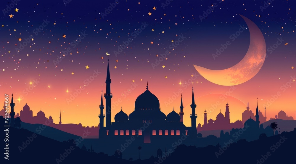 A beautiful silhouette of a mosque and Mesmerizing night view of a mosque under starry sky and bright moon. Perfect for Ramadan, Eid, or Islamic religious themed designs.