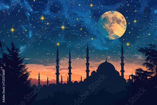 A beautiful silhouette of a mosque and Mesmerizing night view of a mosque under starry sky and bright moon. Perfect for Ramadan, Eid, or Islamic religious themed designs.