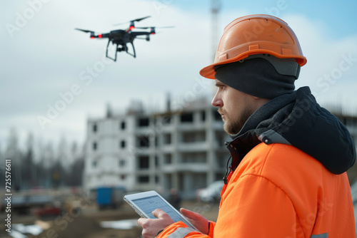 Man launches a quadcopter. An engineer flies a drone next to a construction site. Concept - construction observation with a drone. Man is holding quadcopter remote control.