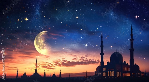 A beautiful silhouette of a mosque and Mesmerizing night view of a mosque under starry sky and bright moon. Perfect for Ramadan, Eid, or Islamic religious themed designs.