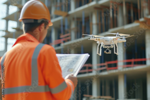 Man launches a quadcopter. An engineer flies a drone next to a construction site. Concept - construction observation with a drone. Man is holding quadcopter remote control. photo