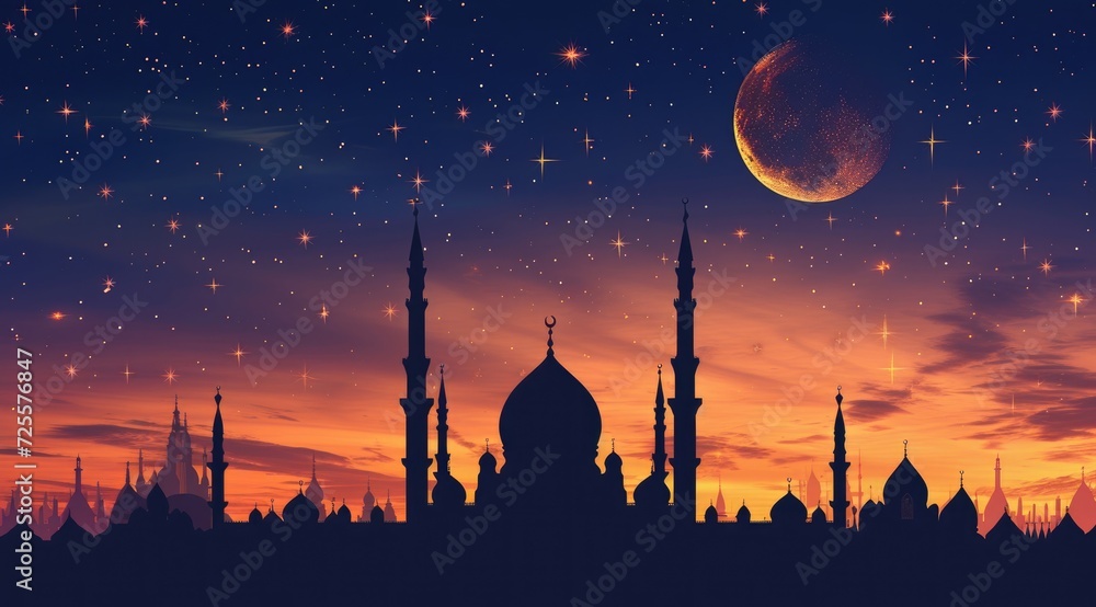 A beautiful silhouette of a mosque and Mesmerizing night view of a mosque under starry sky and bright moon. Perfect for Ramadan, Eid, or Islamic religious themed designs.