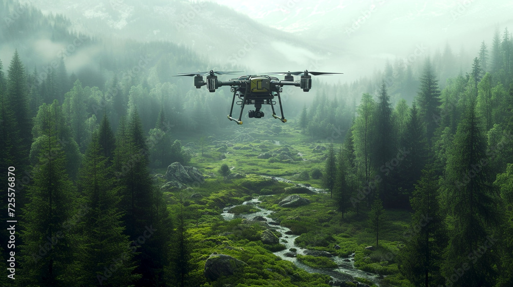 Eco-Monitoring Drone Over Serene Wilderness, A drone hovers over a misty forested landscape with a river, a harmony of advanced technology and pristine nature Eco-Monitoring Drone Over Serene Wilderness, A drone hovers over a misty forested landscape with a river, a harmony of advanced technology and pristine nature