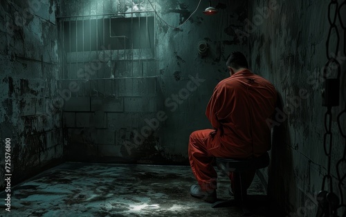 A prisoner sits alone in a dim, wet cell, illuminated by a single light, evoking a sense of isolation and despair. © burntime555
