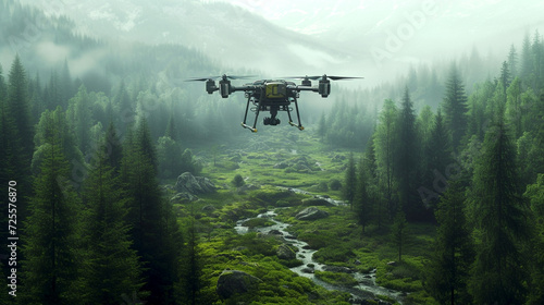 Eco-Monitoring Drone Over Serene Wilderness, A drone hovers over a misty forested landscape with a river, a harmony of advanced technology and pristine nature