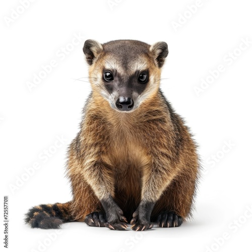 Coati sitting in natural pose isolated on white background, photo realistic