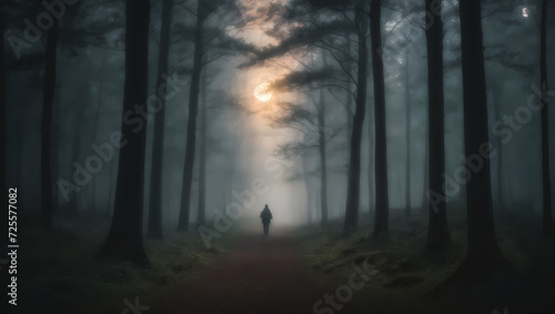 A lone figure moving through a moonlit forest, casting shadows on the mysterious path ahead.