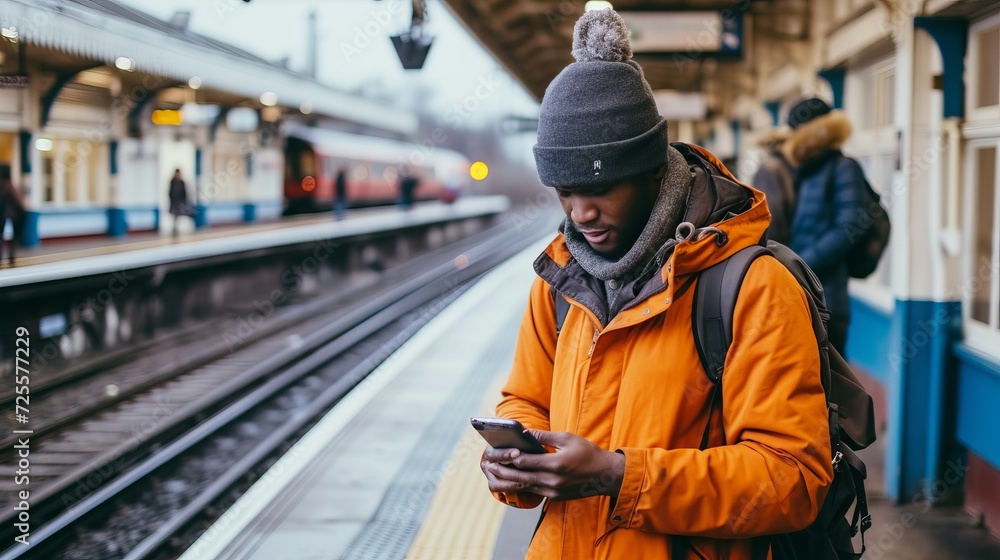 Young african american man standing on train station platform using mobile phone
