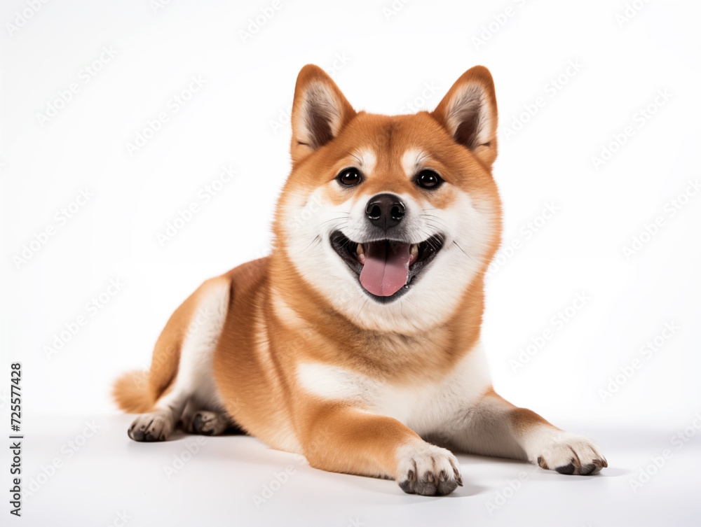 Portrait of funny and happy Shiba laying down on white  background