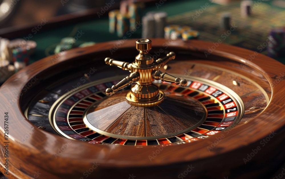 Close-up of a spinning roulette wheel with a golden spinner, vibrant colors, and poker chips. Close-up of a spinning roulette wheel with a golden spinner, vibrant colors, and poker chips.