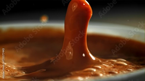 Falling drop in a cup of coffee. Filmed on a high-speed camera at 1000 fps. High quality FullHD footage
