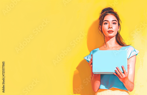 A pretty girl holding an envelope in her hands. Copy space. Smiling trendy girl on yellow background.