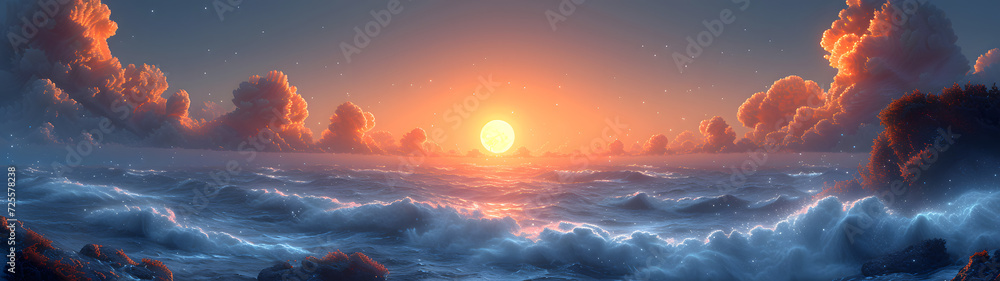 A Painting of a Sunset Over a Body of Water