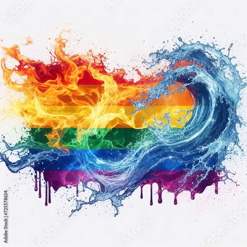 LGBTQ rainbow flag, blending water and fire. AI generated illustration