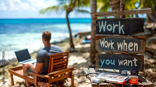 Flexible remote work  man enjoying beach office with laptop and  work when you want  sign