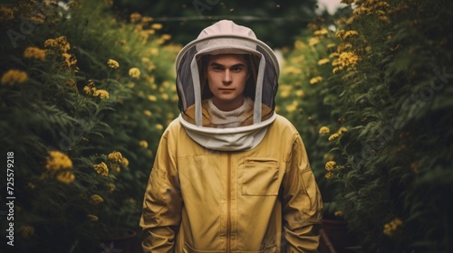 Beekeeper with protective gear standing in a flowering garden.