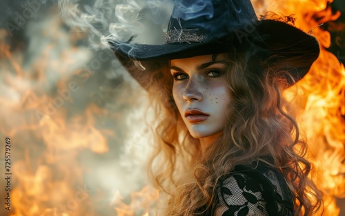 A witch adorned in fantasy attire stands before near flames.