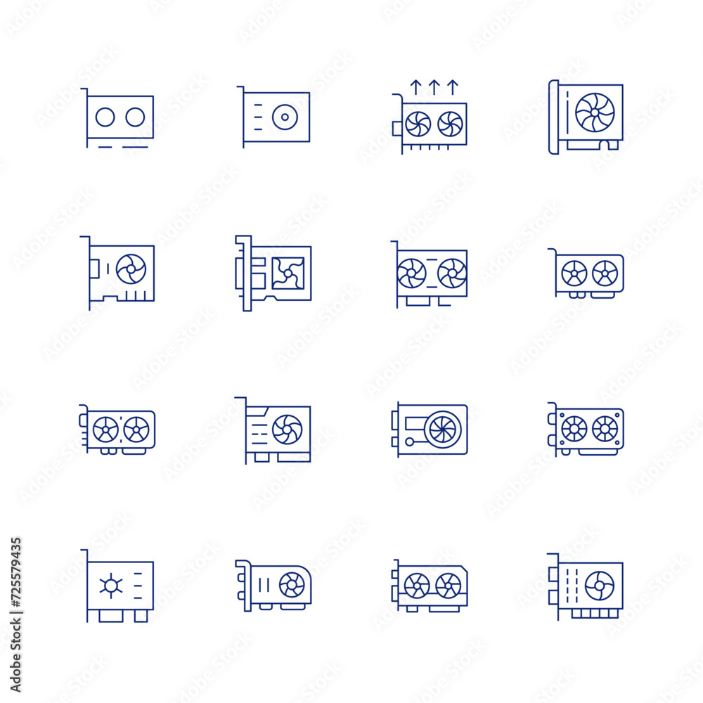 Graphics card line icon set on transparent background with editable stroke. Containing graphiccard, gpu, computer, vgacard, videocard, graphicscard.