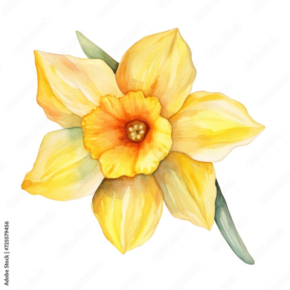 Obraz premium Daffodil yellow flower watercolor illustration. Floral blooming blossom painting on white background