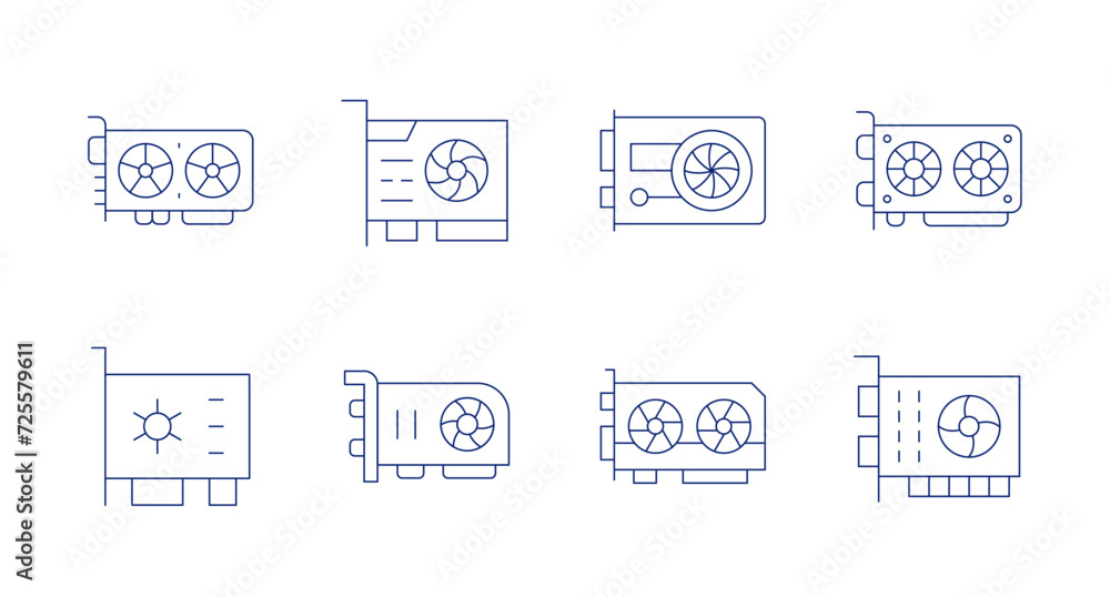 Graphics card icons. Editable stroke. Containing vgacard, videocard, graphiccard, graphicscard.