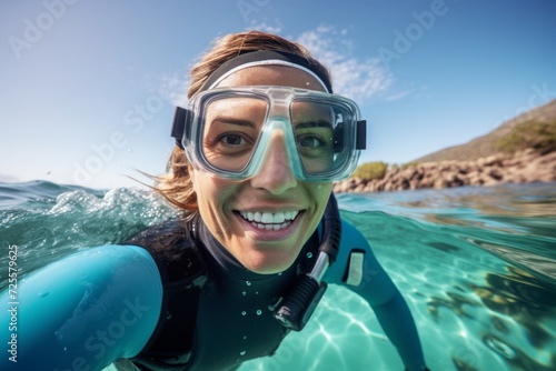 Portrait of smiling woman in scuba mask and snorkel looking at camera