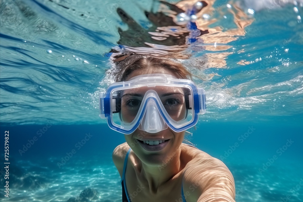 Underwater portrait of young woman with snorkeling mask.