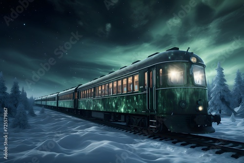 Train on the railway in the winter forest at night. 3d rendering