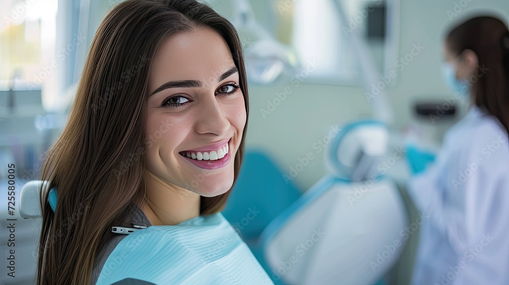 A beautiful young woman is smiling sitting in the dentist's chair. A beautiful young woman is smiling sitting in the dentist's chair.