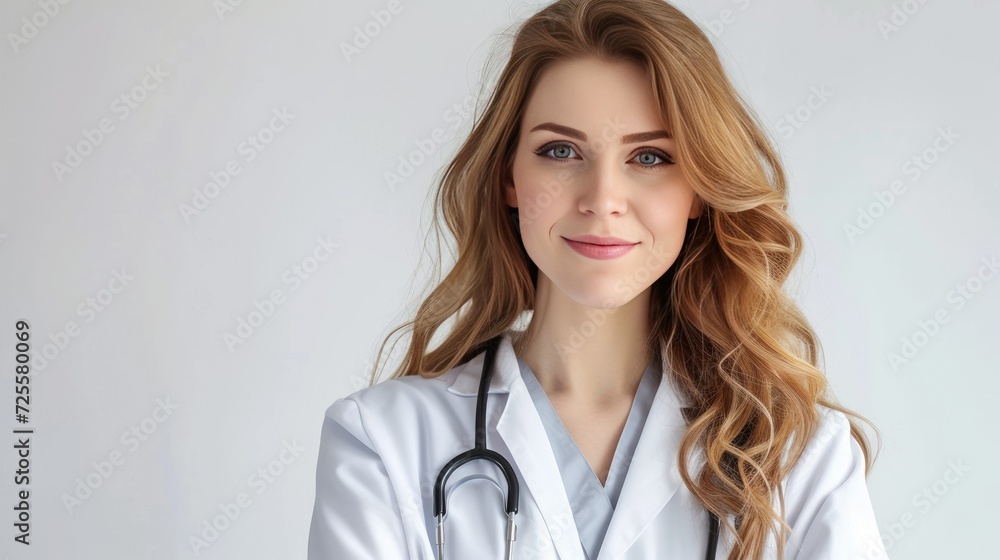 Female doctor smiles happily on white background Female doctor smiles happily on white background